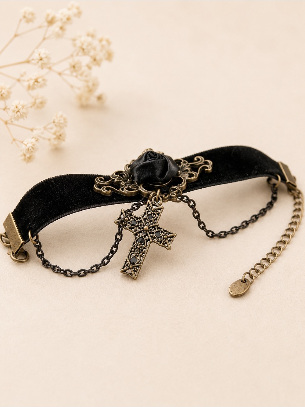 Gold Tone Cross Black Velvet Leather Bracelet Gothic Rose Victorian Bracelet